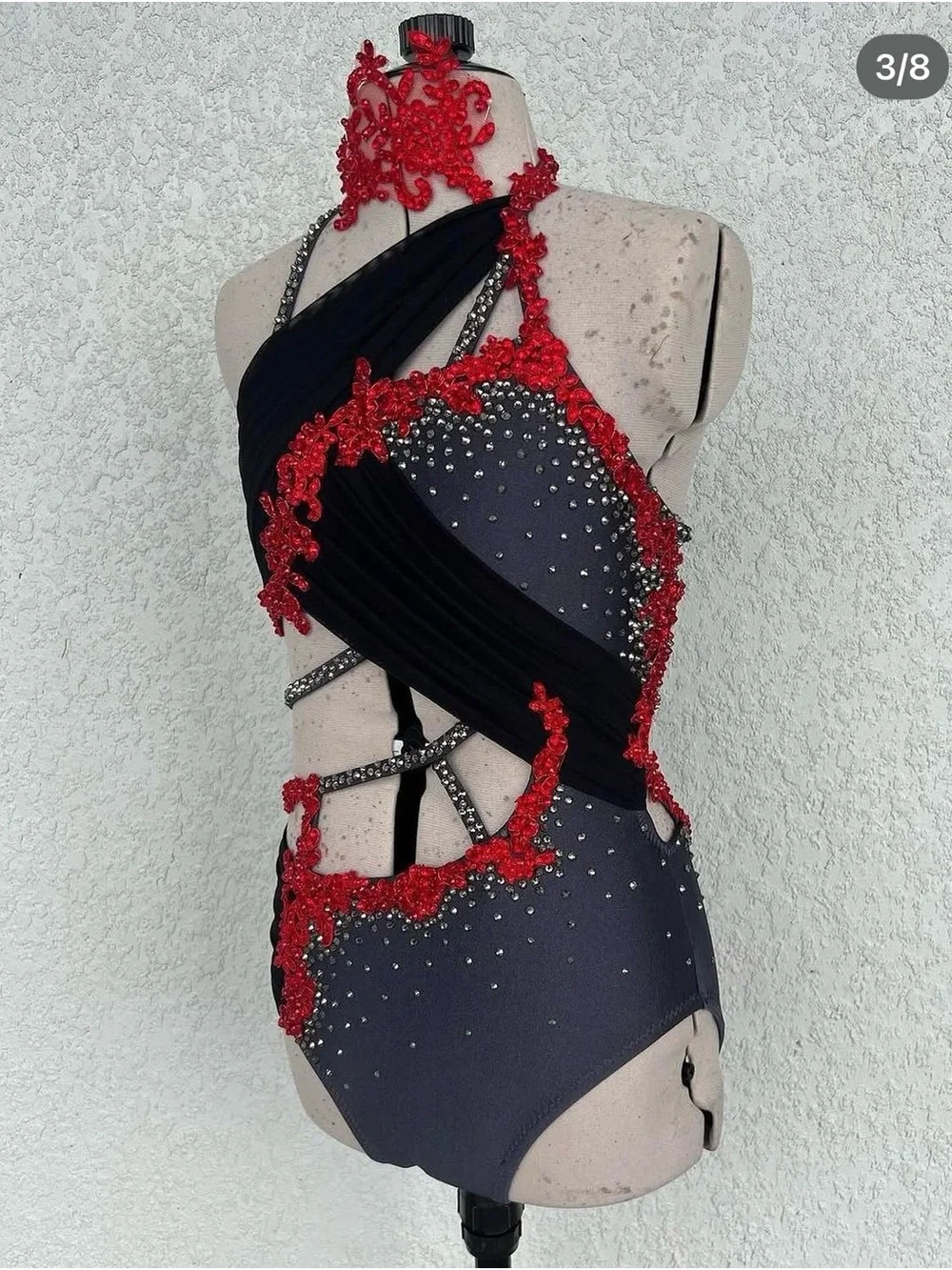 Black, Gray and Red One-Piece Dance Costume with Crystal Accents
